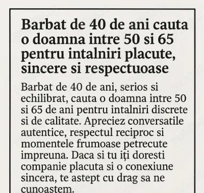 Barbat de 40 de ani cauta o doamna intre 50 si 65 pentru intalniri placute sincere si respectuoase